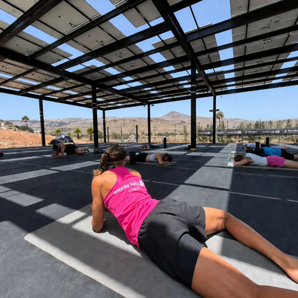 Emma stretching with guests in the shade of the solar roof
